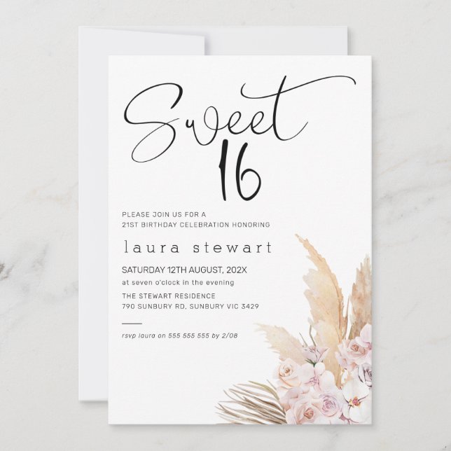 Invitation Pampas Grass Boho Floral Sweet 16e anniversaire (Devant)