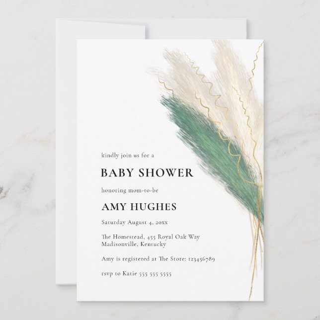 Invitation Pampas Grass Boho Green Gold Baby shower (Devant)
