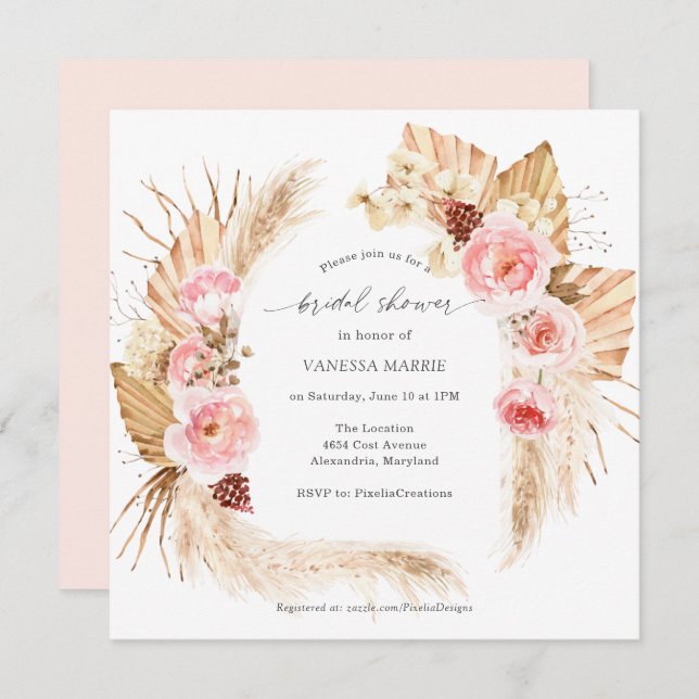 Invitation Pampas Grass Boho rose Fête des mariées Florale (Devant / Derrière)
