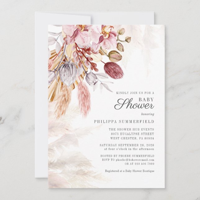 Invitation Pampas Grass Boho séché Fleurs Baby shower fille (Devant)