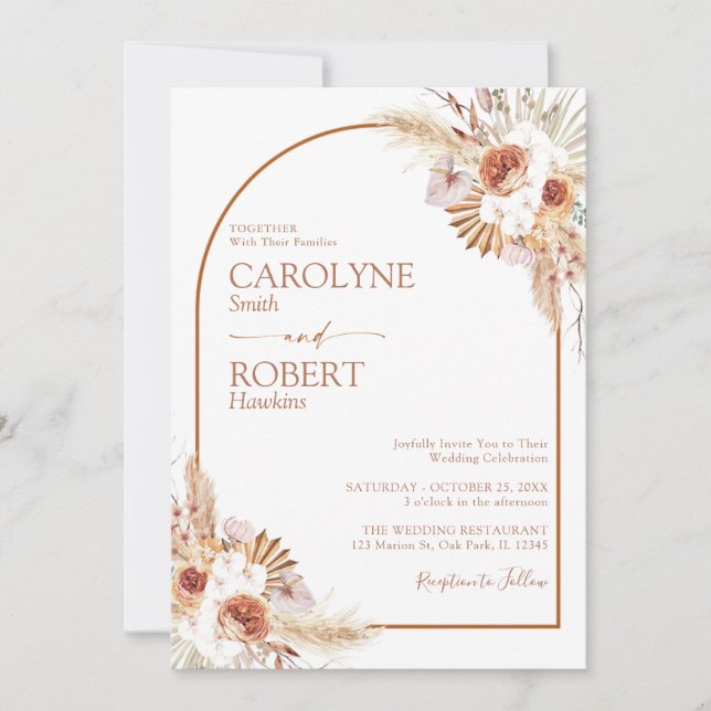 Invitation Pampas Grass Boho Terracotta Tout En Un Mariage (Devant)