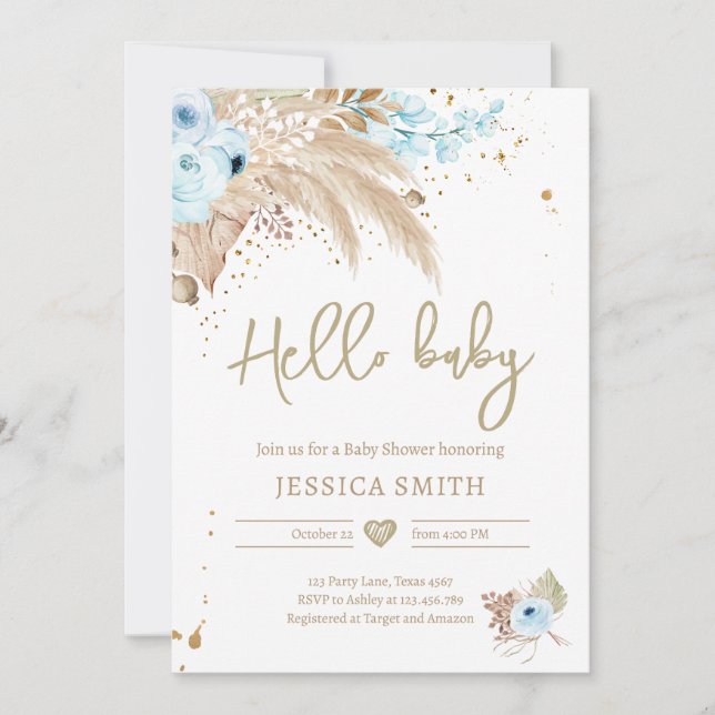 Invitation Pampas Grass Boho Tropical Boy Baby shower rustiqu (Devant)