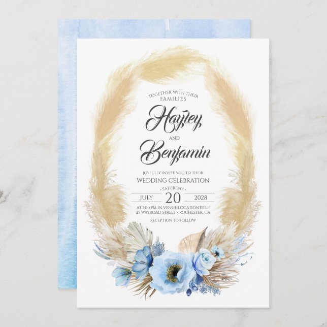 Invitation Pampas Grass Dusty Blue Fleurs Mariage tropical (Devant / Derrière)