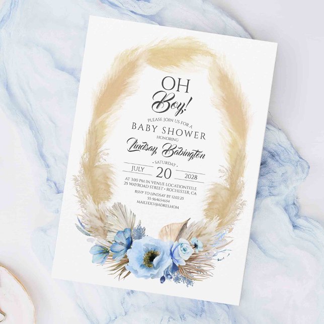 Invitation Pampas Grass Dusty Blue Flowers Baby shower Oh Gar (Elegant Boho Blue Baby Shower Invitations)