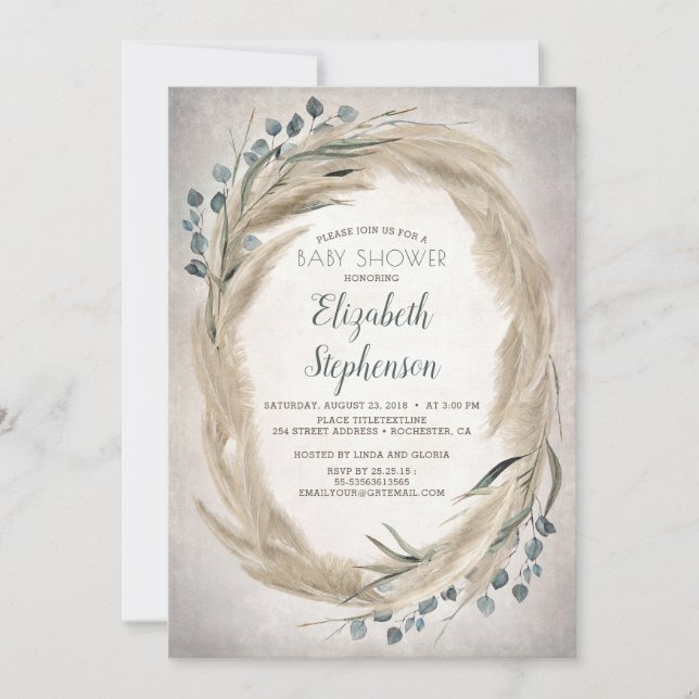 Invitation Pampas Grass et Baby shower Boho vert (Devant)