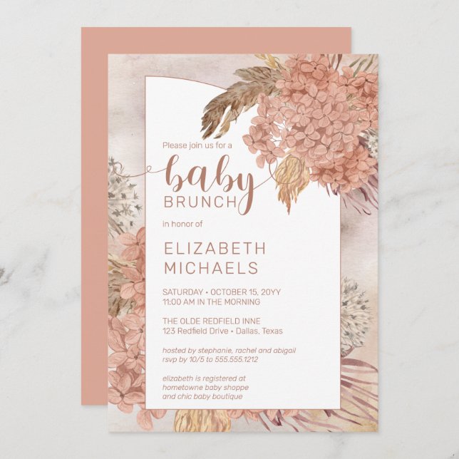 Invitation Pampas Grass et Hydrangeas Blooms Baby Brunch Inv (Devant / Derrière)