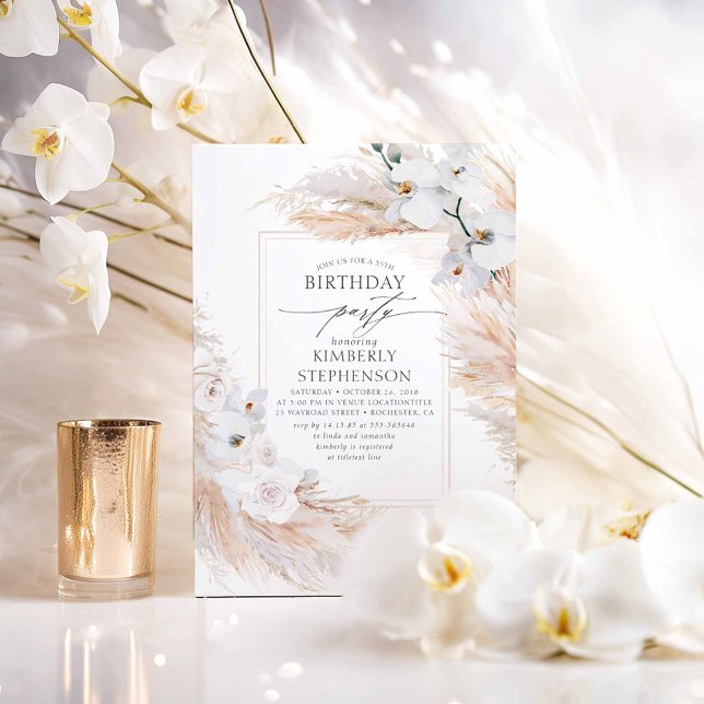 Invitation Pampas Grass et Orchidées Blanches Elégant Anniver (Boho Birthday Invitations)