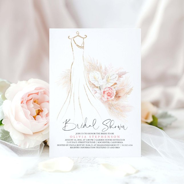 Invitation Pampas Grass et Robe Mariage Fête des mariées (Pampas Grass and Blush Flowers Dress Bridal Shower Invitations)