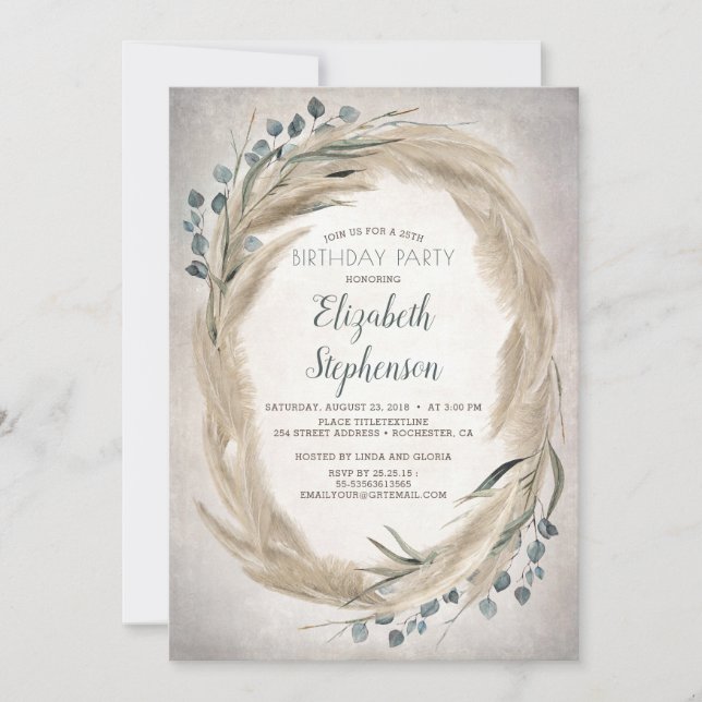Invitation Pampas Grass et verdure Boho Chic Anniversaire (Devant)