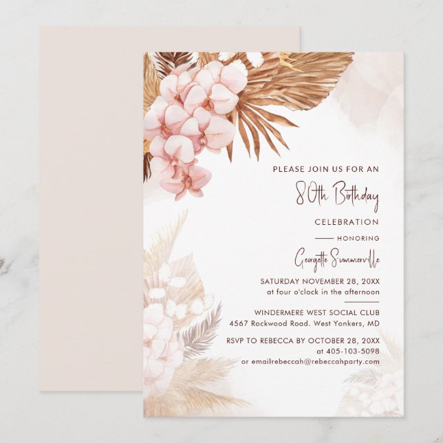 Invitation Pampas Grass Floral 80e anniversaire fête (Devant / Derrière)