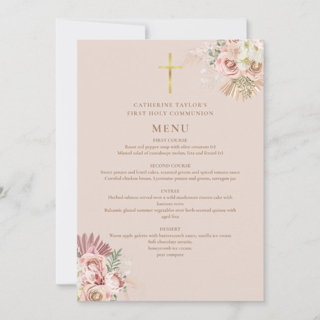 Invitation Pampas Grass Floral First Holy Communal Menu (Devant)