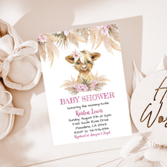 Invitation Pampas Grass Floral Highland Cow Boho Baby shower (Créateur téléchargé)