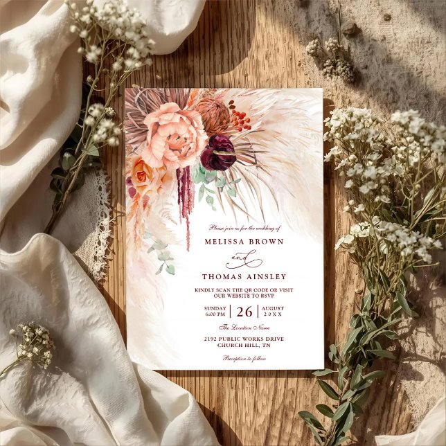 Invitation Pampas Grass Floral Terracotta QR Code Wedding (Créateur téléchargé)