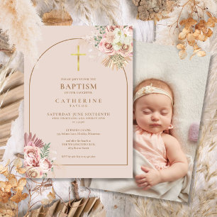 Invitation Pampas Grass Gold Photo Baptême Christening