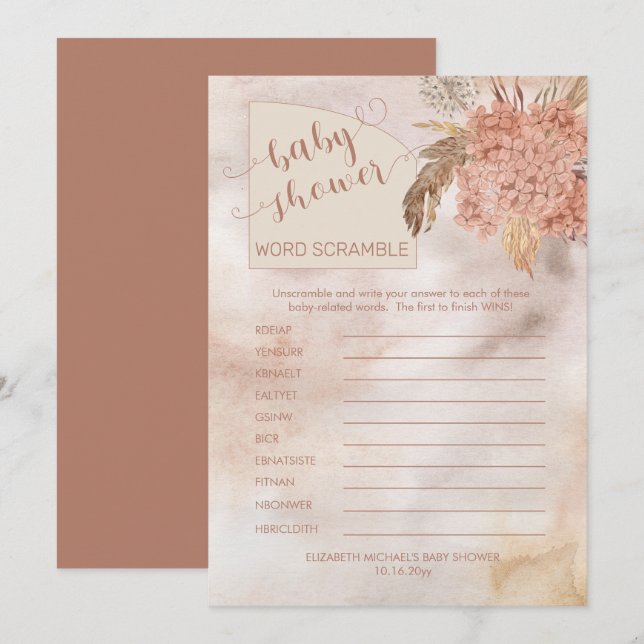 Invitation Pampas Grass |Hydrangeas Baby shower Word Scramble (Devant / Derrière)