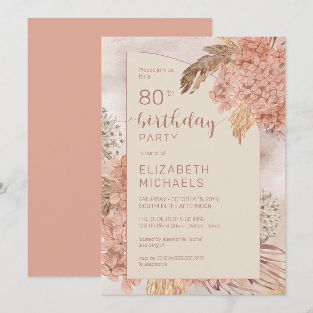 Invitation Pampas Grass Hydrangeas Blooms 80ème anniversaire  (Devant / Derrière)