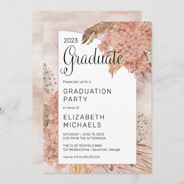 Invitation Pampas Grass Hydrangeas Blooms Graduation Party (Devant / Derrière)