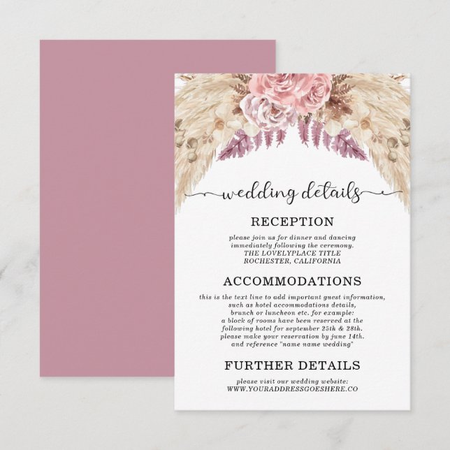 Invitation Pampas Grass Mariage Détails Hébergements (Devant / Derrière)
