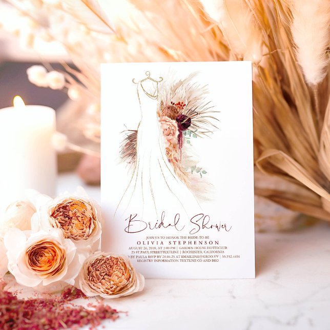 Invitation Pampas Grass Mariage Gown Terracotta Fête des mari (Terracotta Floral Dress Bridal Shower Invitations for Boho Party)