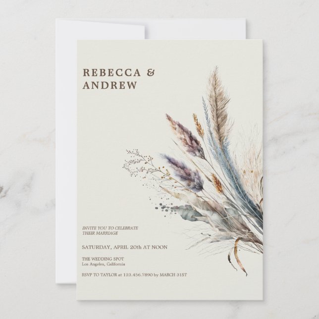 Invitation Pampas Grass | Mariage minimaliste Boho (Devant)