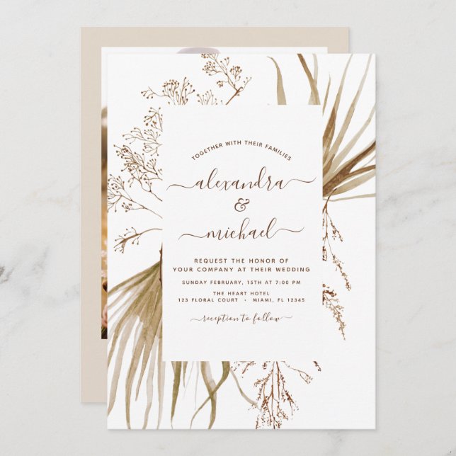 Invitation Pampas Grass Photo Bohemian Boho Mariage (Devant / Derrière)
