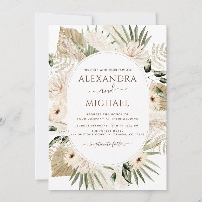 Invitation Pampas Grass Photo Bohemian Boho Mariage (Devant)