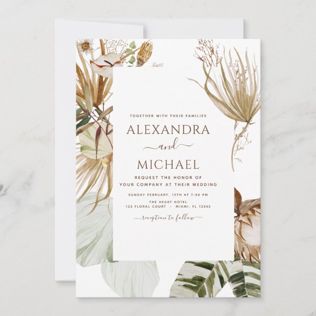 Invitation Pampas Grass Photo Bohemian Boho Mariage tropical (Devant)