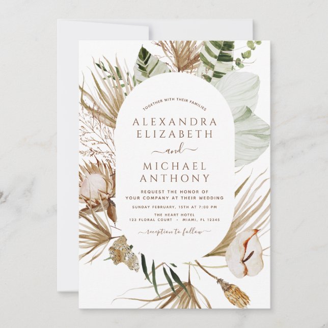 Invitation Pampas Grass Photo Bohemian Boho Mariage tropical (Devant)