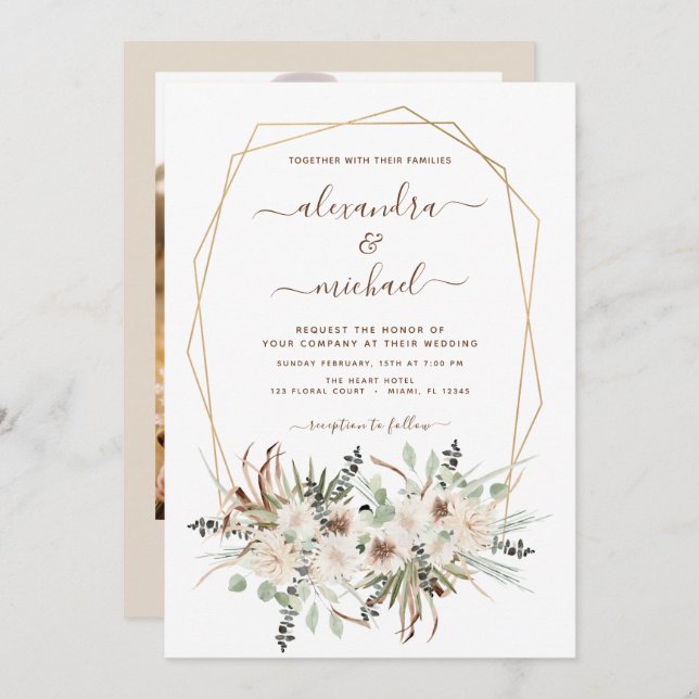 Invitation Pampas Grass Photo Boho Eucalyptus Mariage (Devant / Derrière)