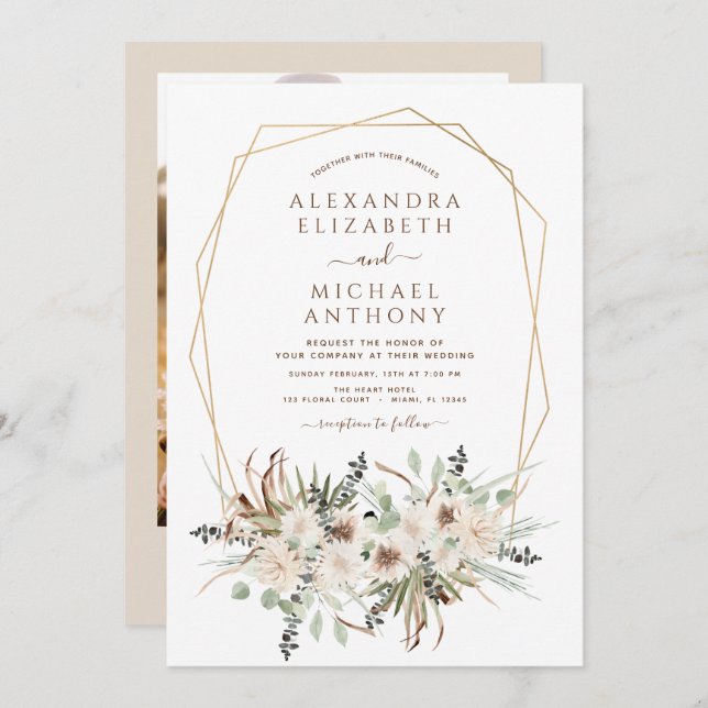 Invitation Pampas Grass Photo Boho Eucalyptus Mariage (Devant / Derrière)