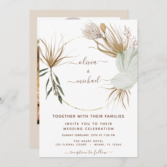 Invitation Pampas Grass Photo Boho Mariage tropical (Devant / Derrière)