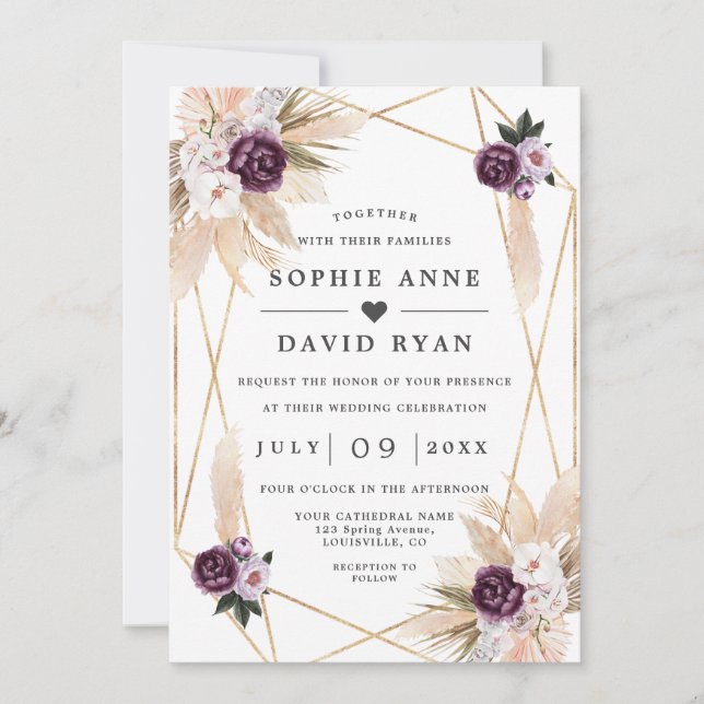 Invitation Pampas Grass Purpl Or Floral Tout En Un Mariage (Devant)