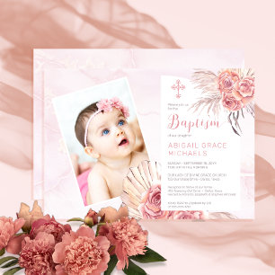 Invitation Pampas Grass   Rose Blooms Girl Baby Photo Baptism