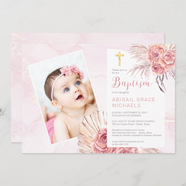 Invitation Pampas Grass | Rose Blooms Girl Baby Photo Baptism (Devant / Derrière)