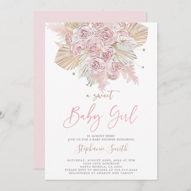 Invitation Pampas Grass Rose fille Baby shower (Devant / Derrière)