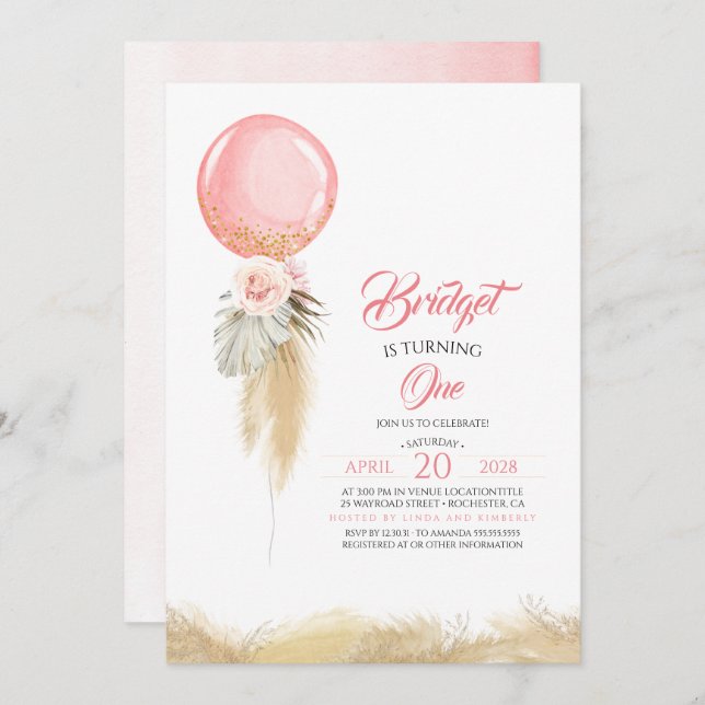 Invitation Pampas Grass rose Floral Balloon Exotique Annivers (Devant / Derrière)