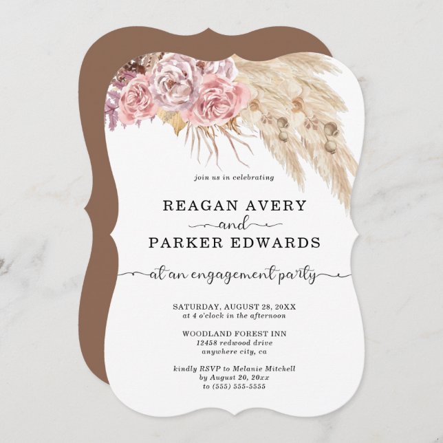 Invitation Pampas Grass Rose Floral Purple Fiançailles (Devant / Derrière)