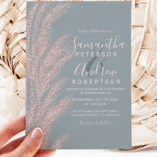Invitation Pampas grass rose gold glitter dusty blue wedding