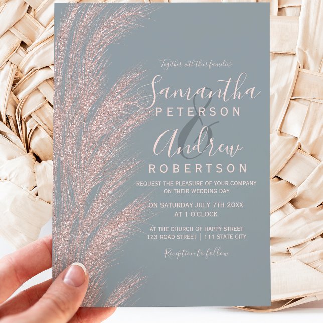 Invitation Pampas grass rose gold glitter dusty blue wedding (Créateur téléchargé)