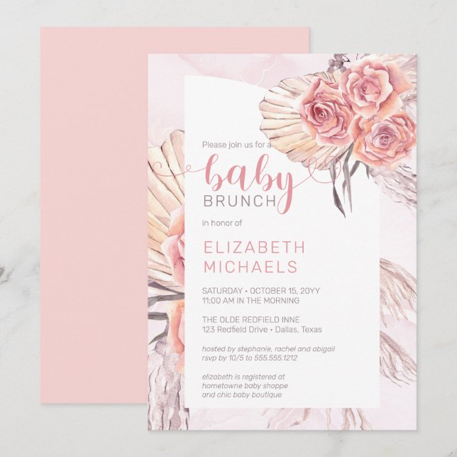 Invitation Pampas Grass |Rose Rose Blooms Fille Bébé Brunch (Devant / Derrière)