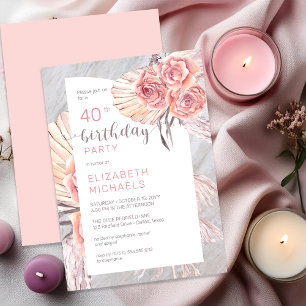 Invitation Pampas Grass  Rose rose fleurit 40e fête d'anniver