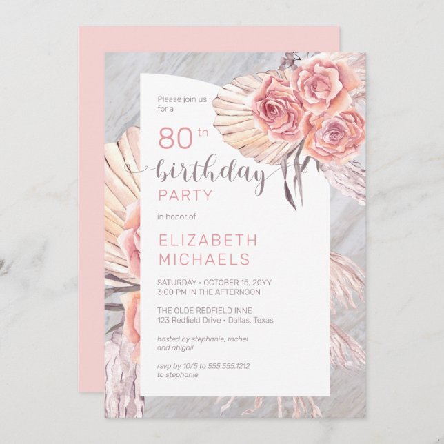 Invitation Pampas Grass |Rose rose fleurit 80e fête d'anniver (Devant / Derrière)