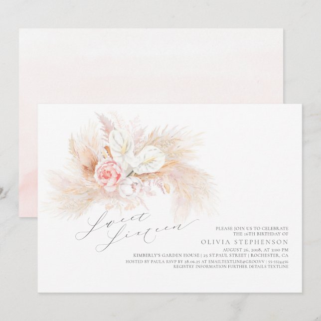 Invitation Pampas Grass rose Sweet sixteen Floral Anniversair (Devant / Derrière)