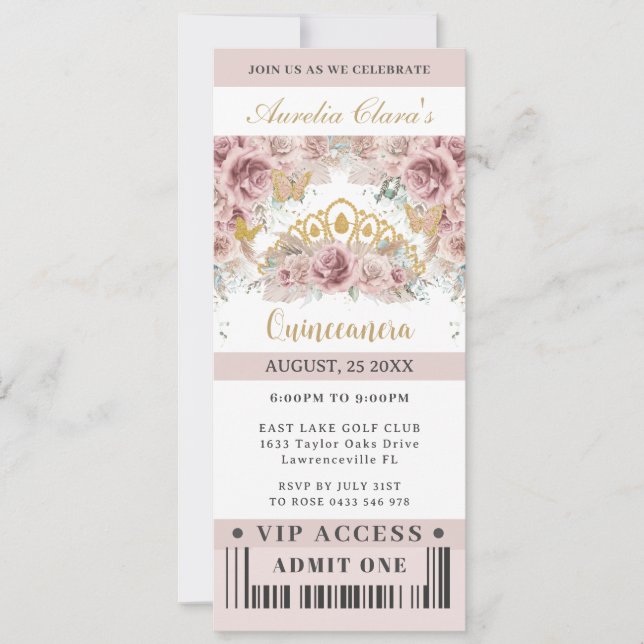 Invitation Pampas Grass Roses Quinceañera Sweet 16 VIP Ticket (Devant)
