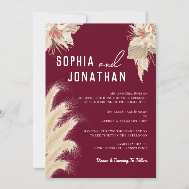 Invitation Pampas Grass Rouge Bourgogne Mariage Moderne Chic (Devant)