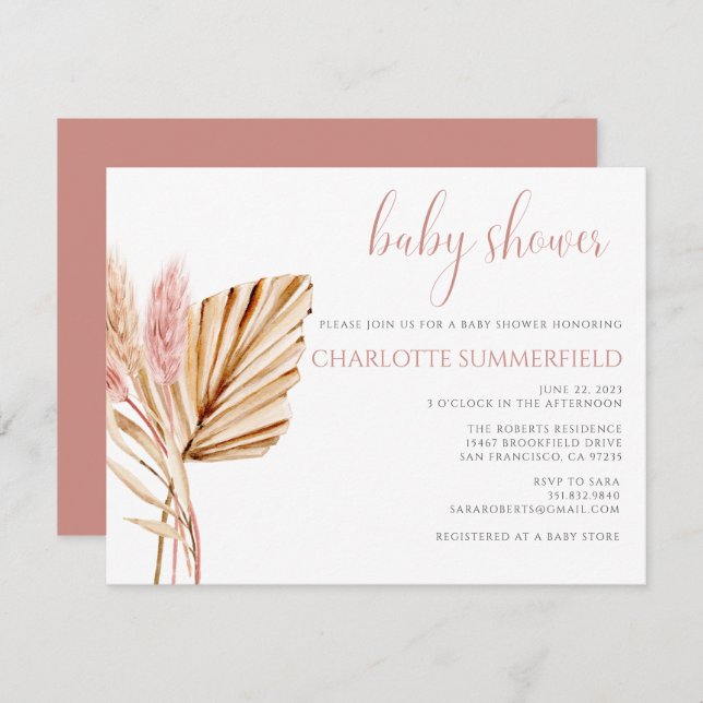 Invitation Pampas Grass Rustic Boho Baby shower Floral (Devant / Derrière)