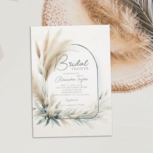 Invitation Pampas Grass Sage Green Boho Arch Fête des mariées (pampas grass bridal shower invitation boho arch dried flowers sage green white minimalist bohemian)