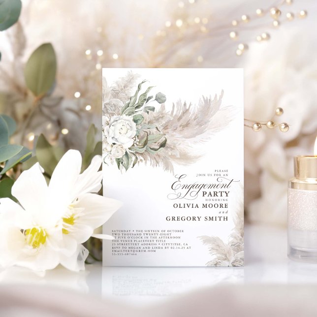 Invitation Pampas Grass Sage Verdure Floral Engagement Party (Boho Pampas Grass and Greenery Engagement Party Invitations)