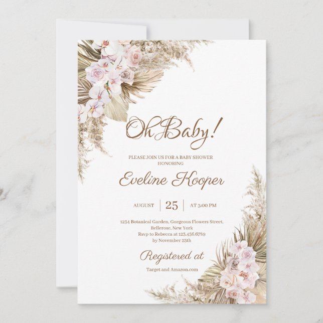 Invitation Pampas Grass séché Palm Blush Rose Orchid Oh Baby  (Devant)