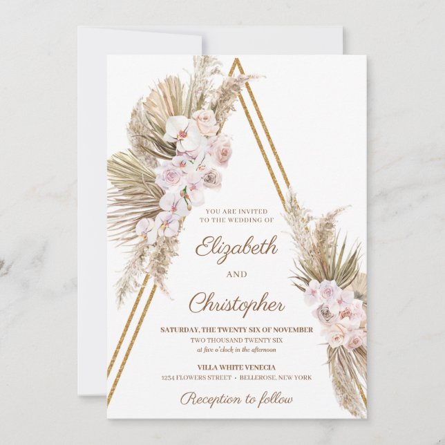 Invitation Pampas Grass séché Palm Dusty Rose Mariage orchidé (Devant)